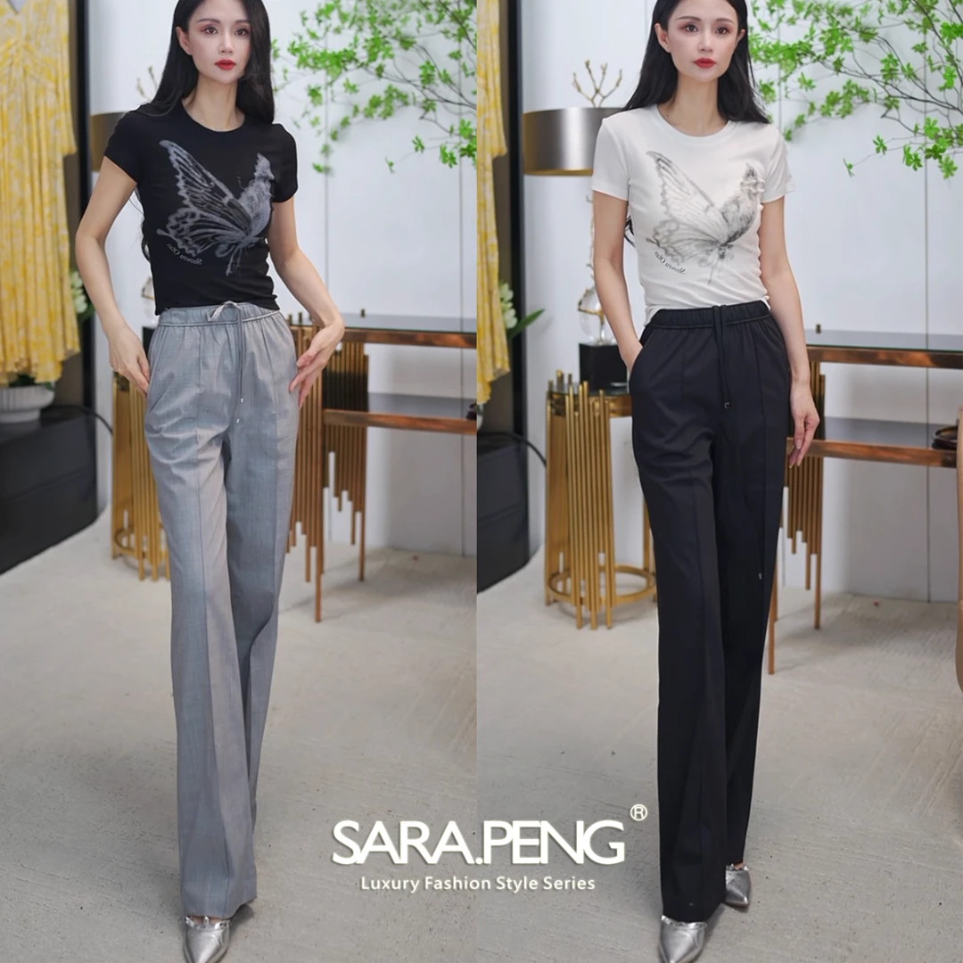 S.P潇洒女神/新款面料纤薄抗皱直筒纯色百搭修身松紧腰休闲直筒裤