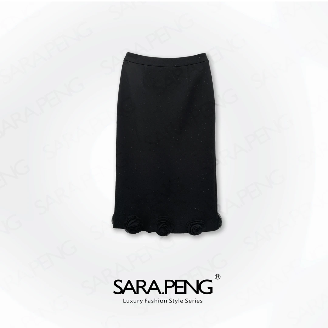 S.P玫瑰人生/高定包臀后开叉裙时尚修身显瘦裙玫瑰花朵星闪半身裙