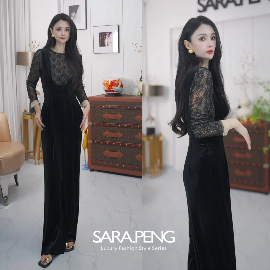 S.P一见倾心/轻奢高定丝绒连体裤高级显瘦时尚百搭长腿吊带连衣裤