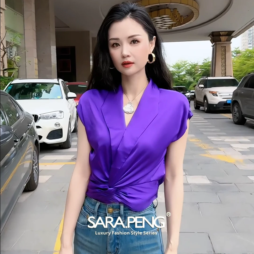 S.P气质女人/夏季领气质时尚个性纽结翻领无袖坎肩衬衫桑蚕丝上衣