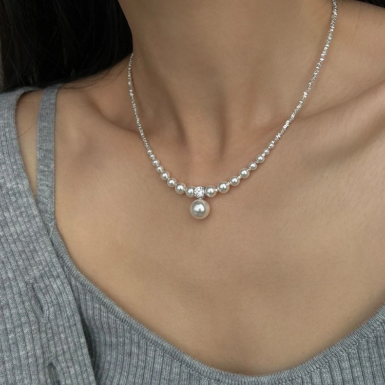 非金属树脂项链  高级碎银子金属珠珠项链女法式百搭气质颈链锁骨