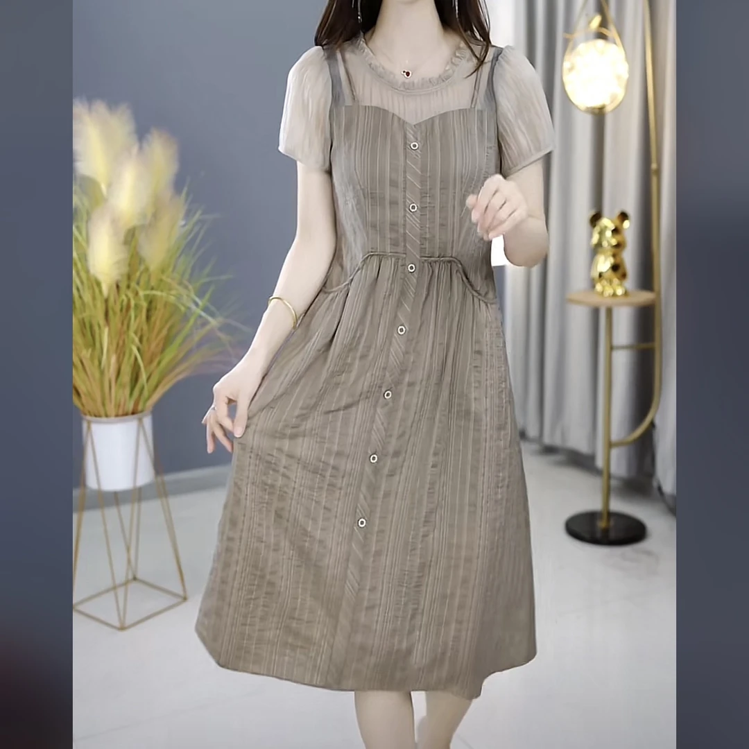 【高货定制】2024夏季新款优雅气质时尚减龄休闲收腰显瘦拼接连衣裙