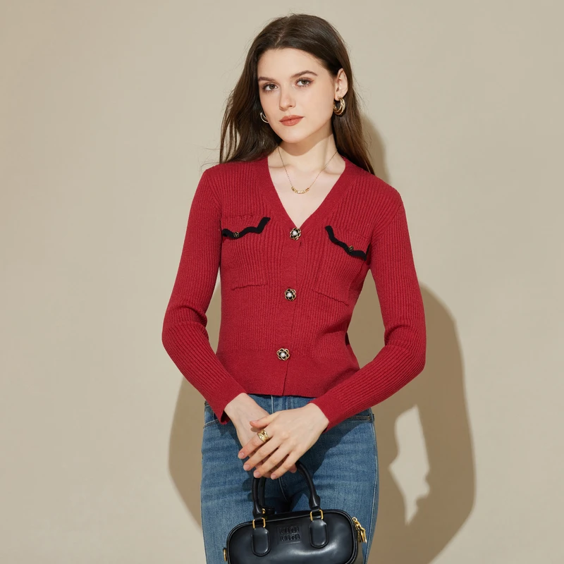 设计感撞色时髦V领女式针织衫春秋修身显瘦外搭开衫