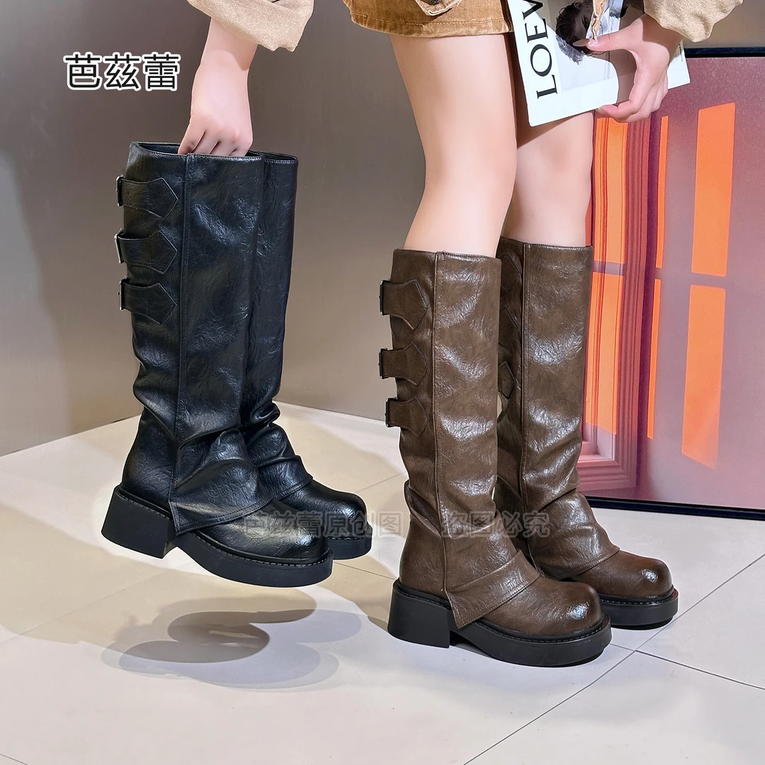 厚底小个子加绒长筒女秋冬2023年新款不过膝粗腿显瘦英伦风骑士靴