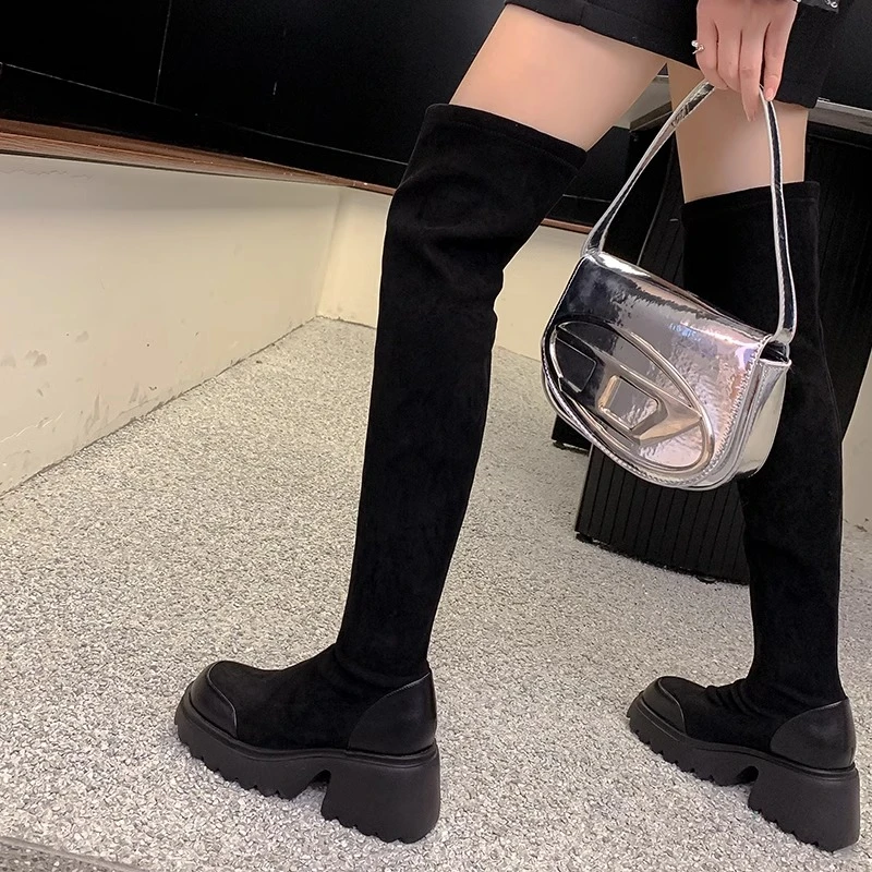 弹力时尚过膝长靴女2023秋冬新款高跟厚底瘦瘦靴包腿骑士靴显瘦