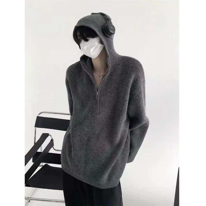 半拉链连帽毛衣男慵懒风小众设计高级感冬季针织开衫外套cleanfi