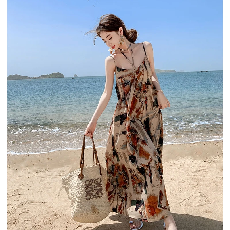 ins风韩版吊带睡裙中长款夏季薄款气质时尚落日黄小众显瘦连衣裙