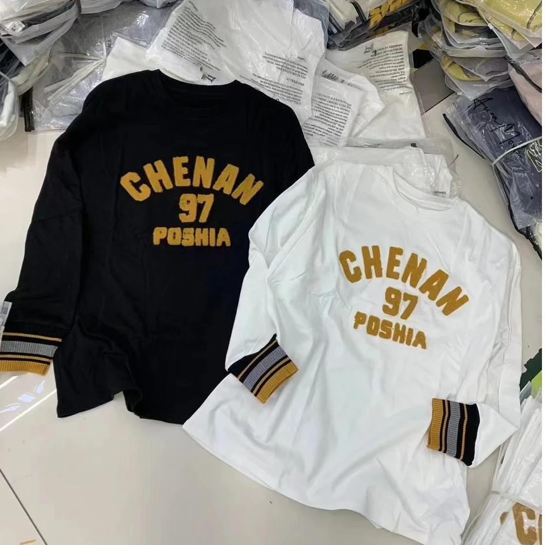 冬季新款圆领字母数字拼接袖宽松长袖T恤衫打底小衫女长袖打底