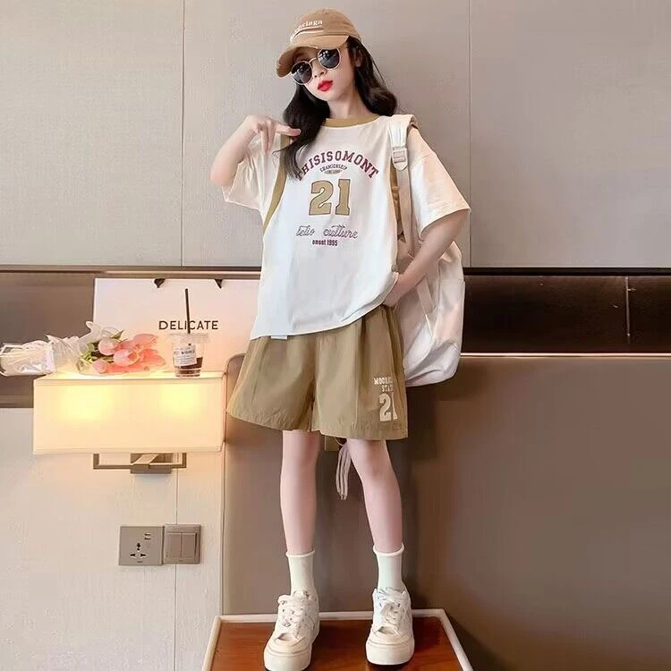 女童夏季运动套装2025新款洋气儿童夏装女大童时尚短袖短裤两件套