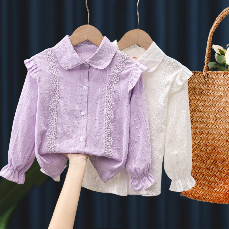 女童衬衫长袖2025新款春秋儿童纯棉翻领衬衣女孩打底蕾丝上衣洋气