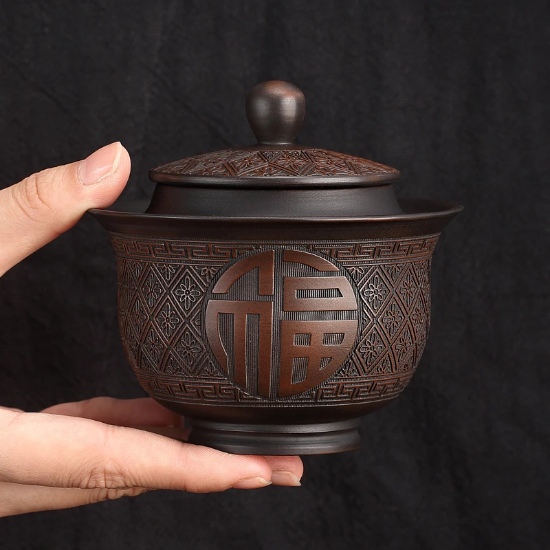 建水紫陶盖碗防烫手功夫茶具三才茶碗纯手工高档线雕不烫手泡茶碗