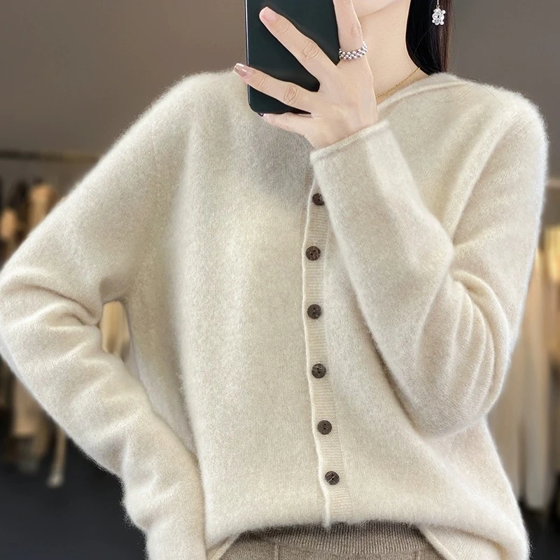 反季#纯羊毛一线成衣连帽开衫女卷边纯色薄毛衣针织外套帽衫加厚