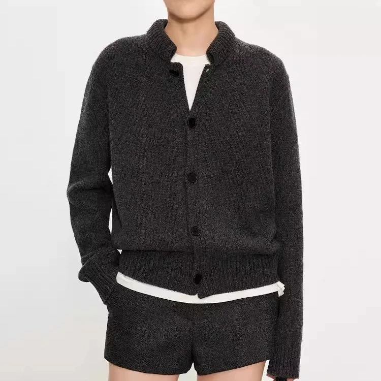 秋冬羊毛感粗棒针复古风翻折小立领果实扣夹克式开衫女羊毛衫