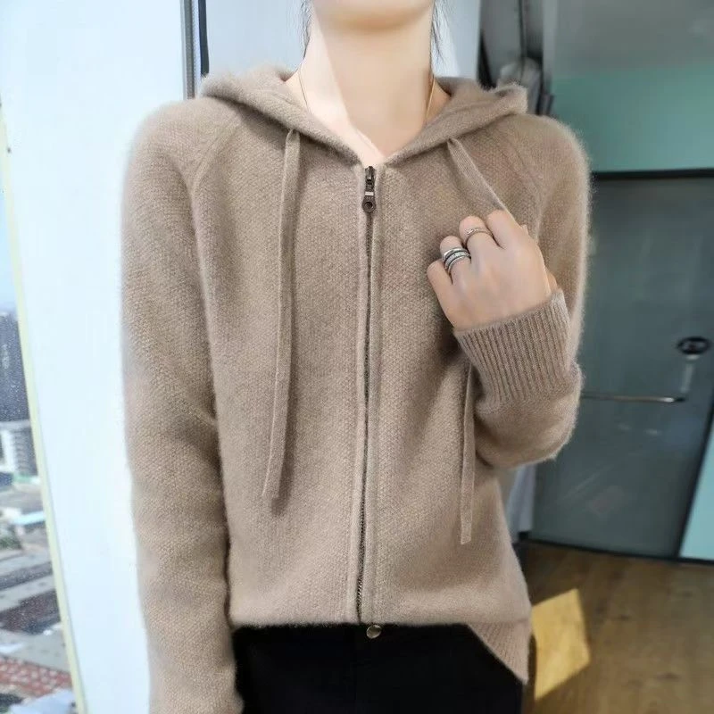 纯羊毛衫秋冬女加厚拉链带帽卫衣针织开衫外套