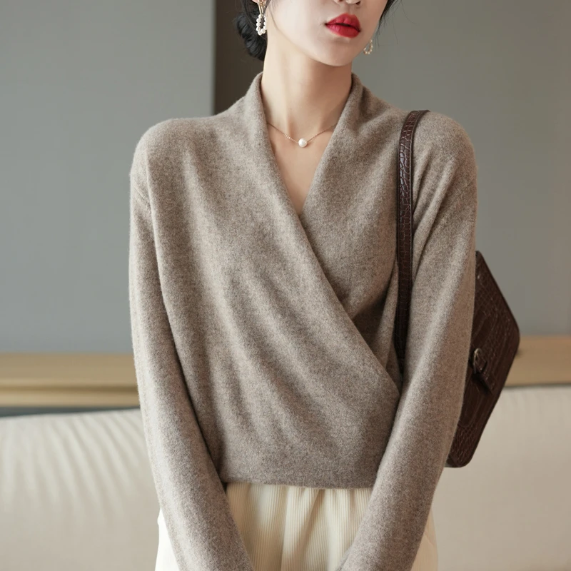 法式交叉V领羊毛衫女士打底针织毛衣套头气质休闲毛衫宽松长袖