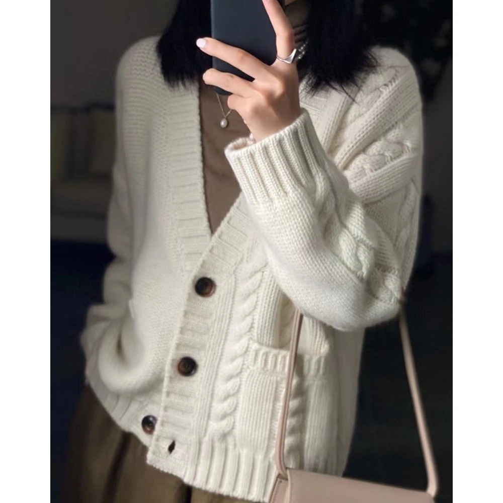 秋冬新款纯羊毛#慵懒风加厚宽松韩版毛衣外穿女装纯色套头开衫