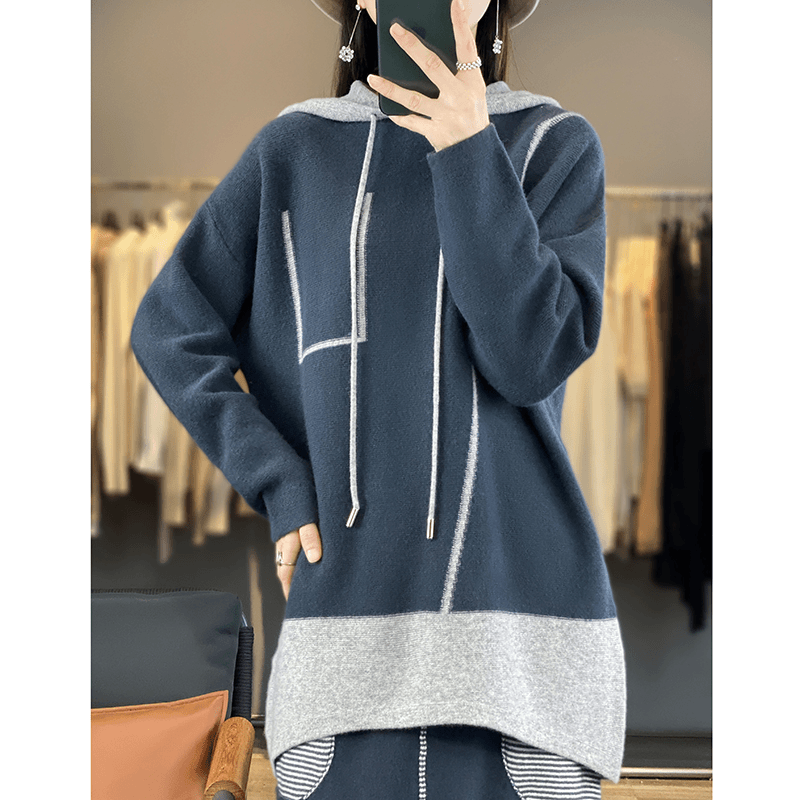 设计款#秋冬新款纯羊毛连帽套头衫慵懒风长袖撞色上衣女气质帽衫