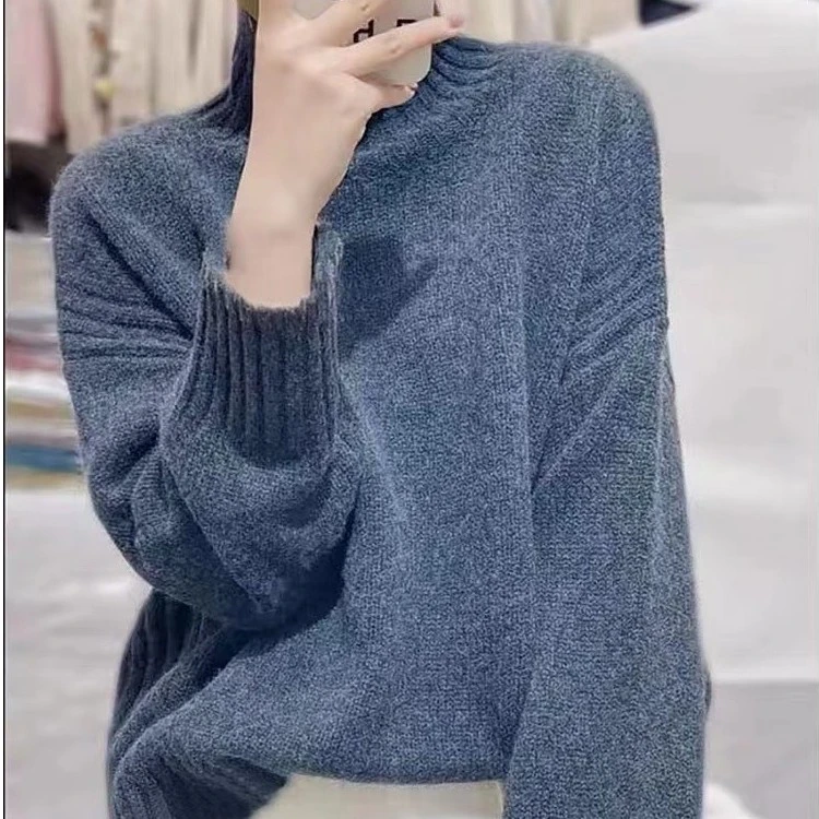 纯羊毛#秋冬新款慵懒风加厚宽松套头半高领羊毛打底衫纯色针织衫