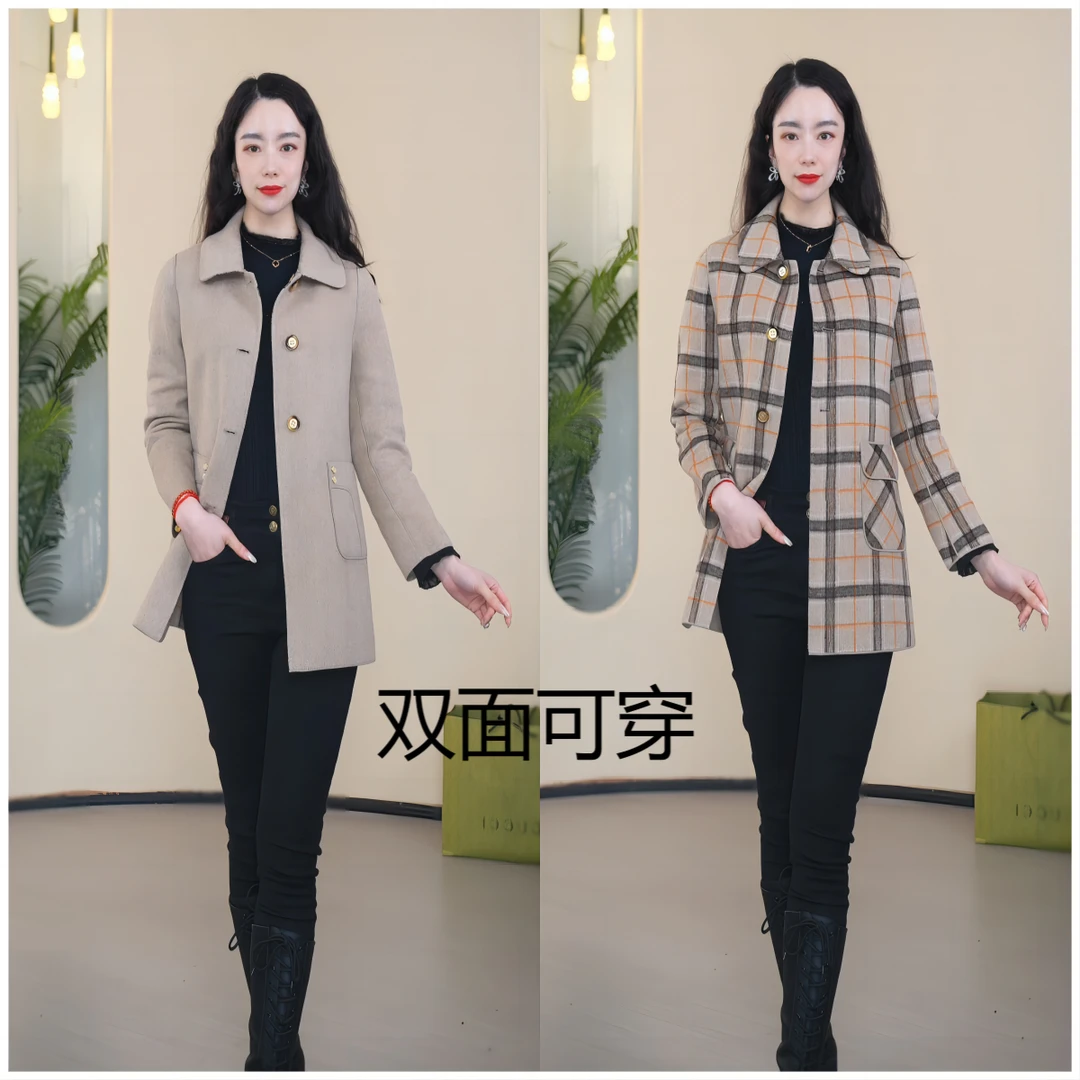 MLYGT【直播专享】短款燕麦色双面双穿手工羊毛大码大衣秋冬洋气女