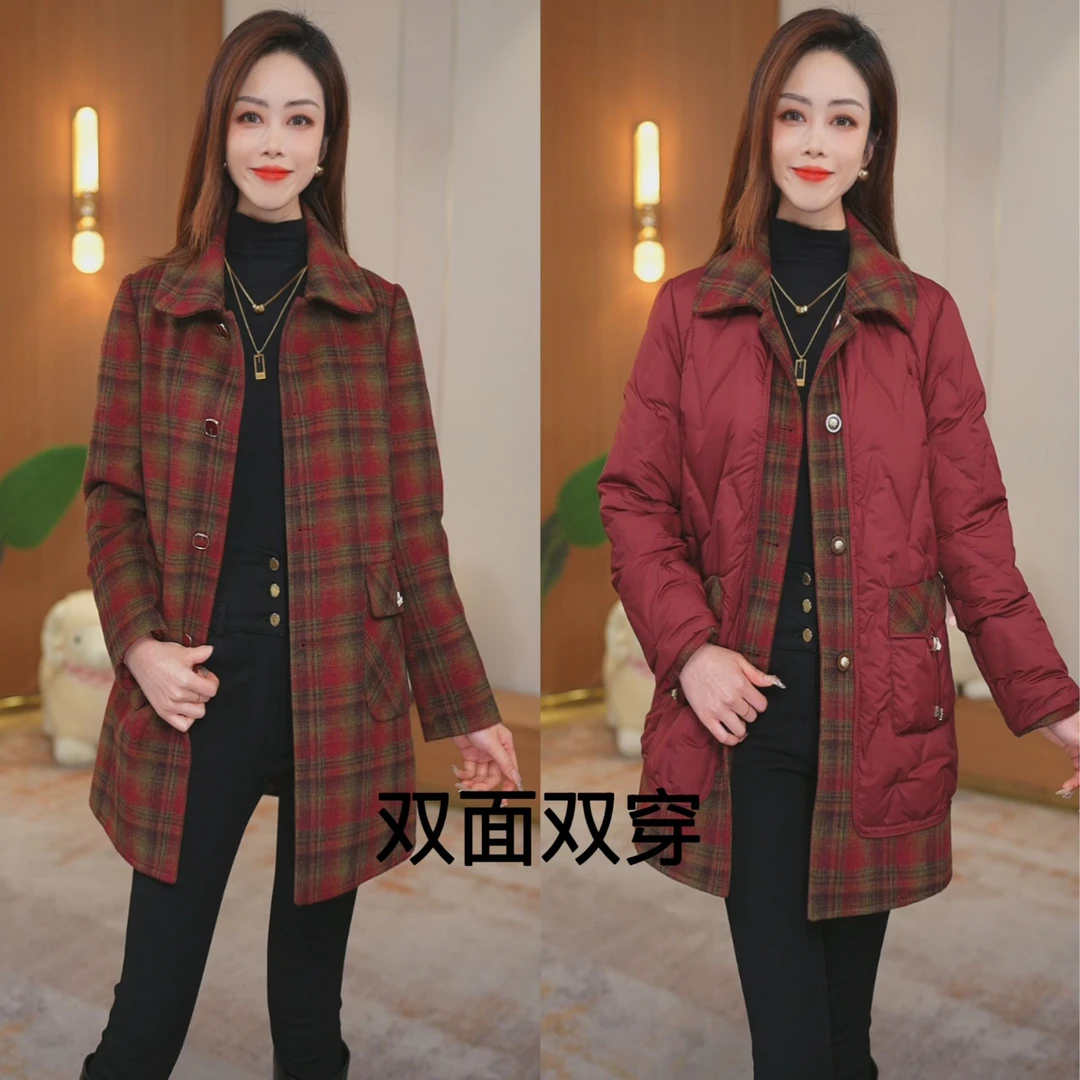 【直播专享】24年秋冬羽绒服鸭绒大衣中老年羊毛外套女装 双面加厚