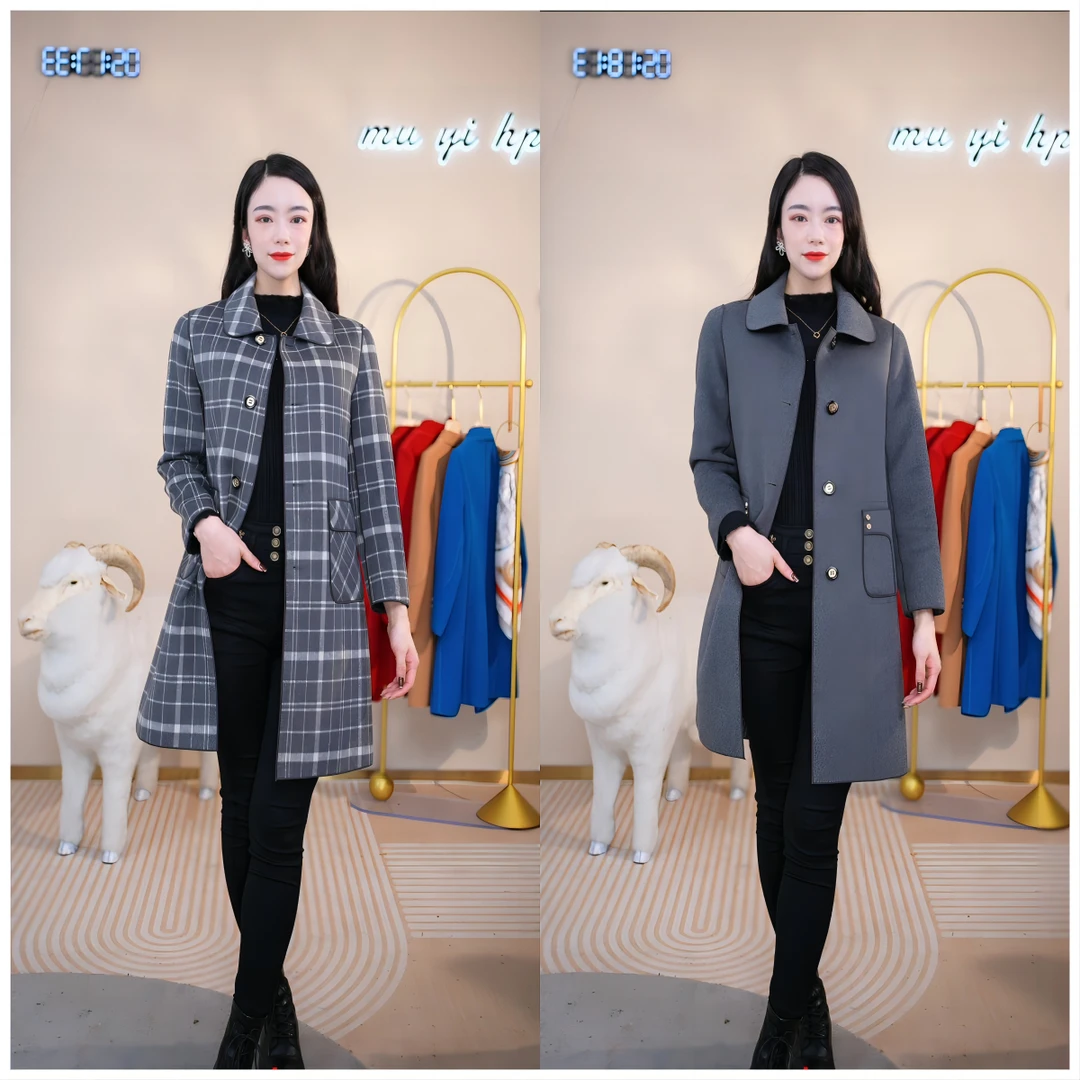 MLYGT【直播专享】长款灰色双面穿手工羊毛大码大衣秋冬洋气女