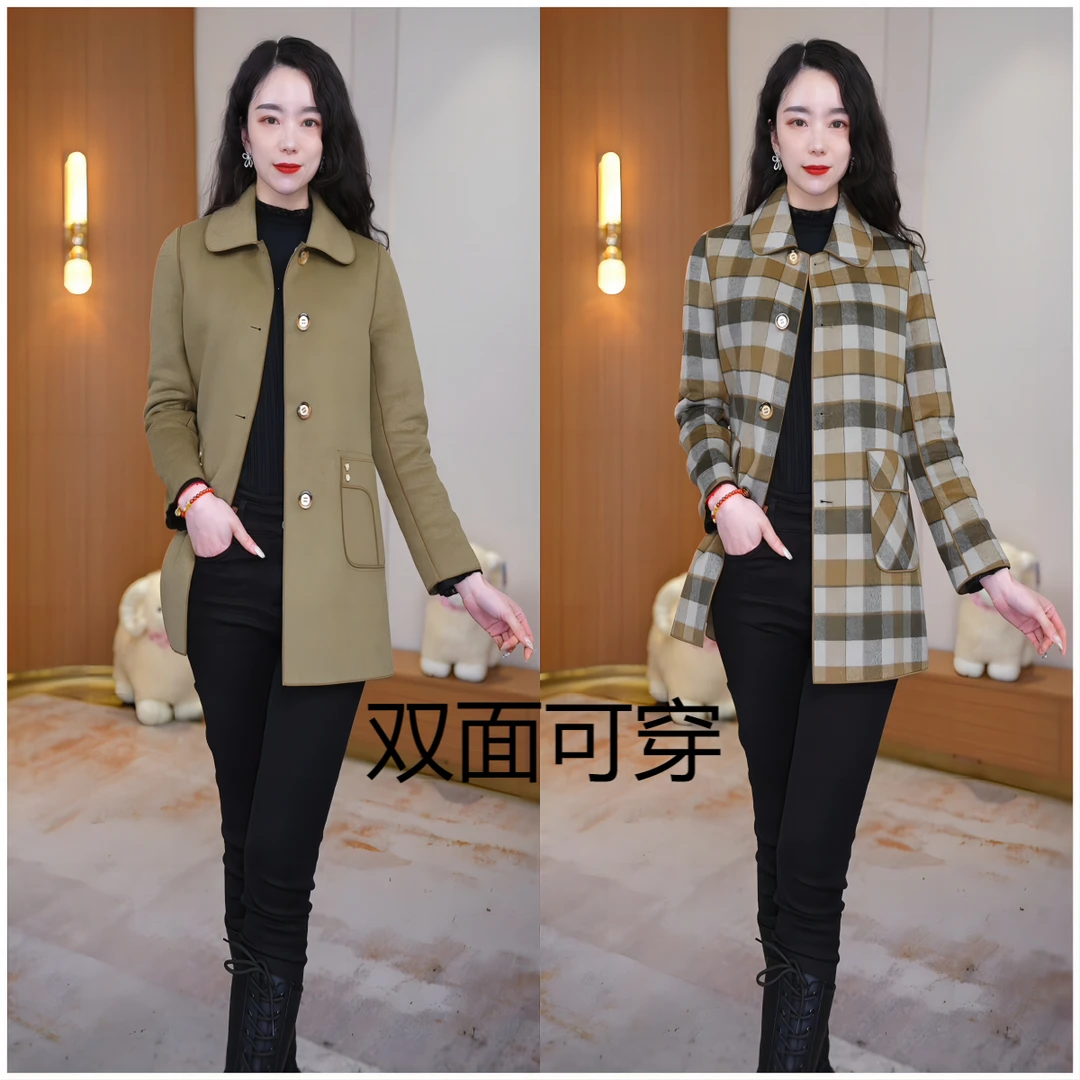 MLYGT【直播专享】短款橄榄绿双面双穿手工羊毛大码大衣秋冬洋气女