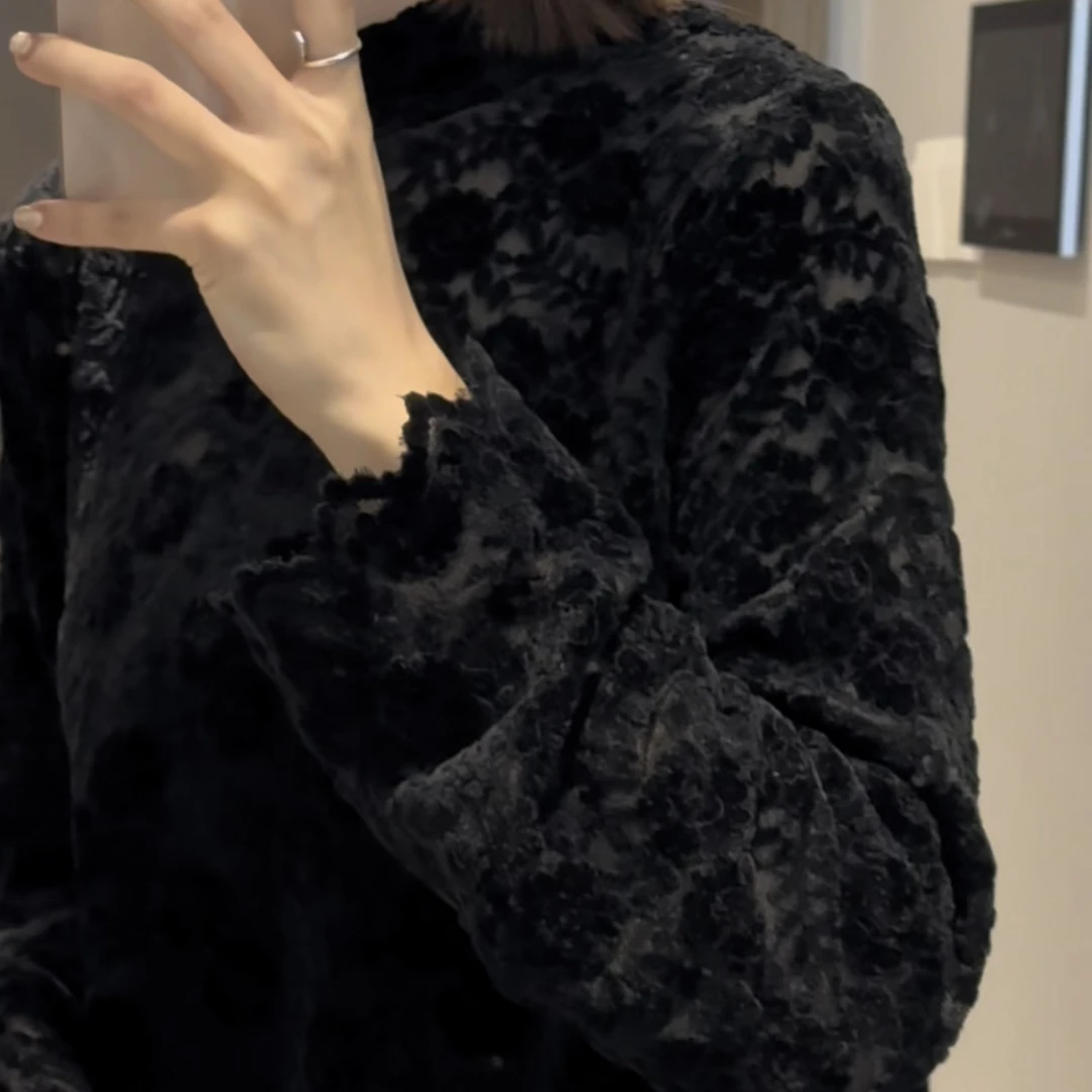 UpSd 原创【王尔德的莺】绒感加厚花边开叉黑色打底衫时尚休闲针织