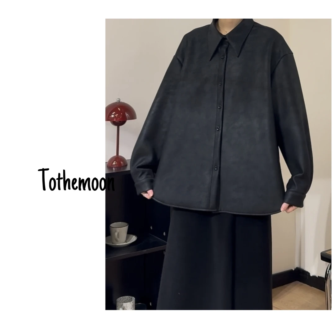 UpSd 原创【黑代木】哑光色皮衣衬衫加绒加厚休闲百搭宽松外套飘带