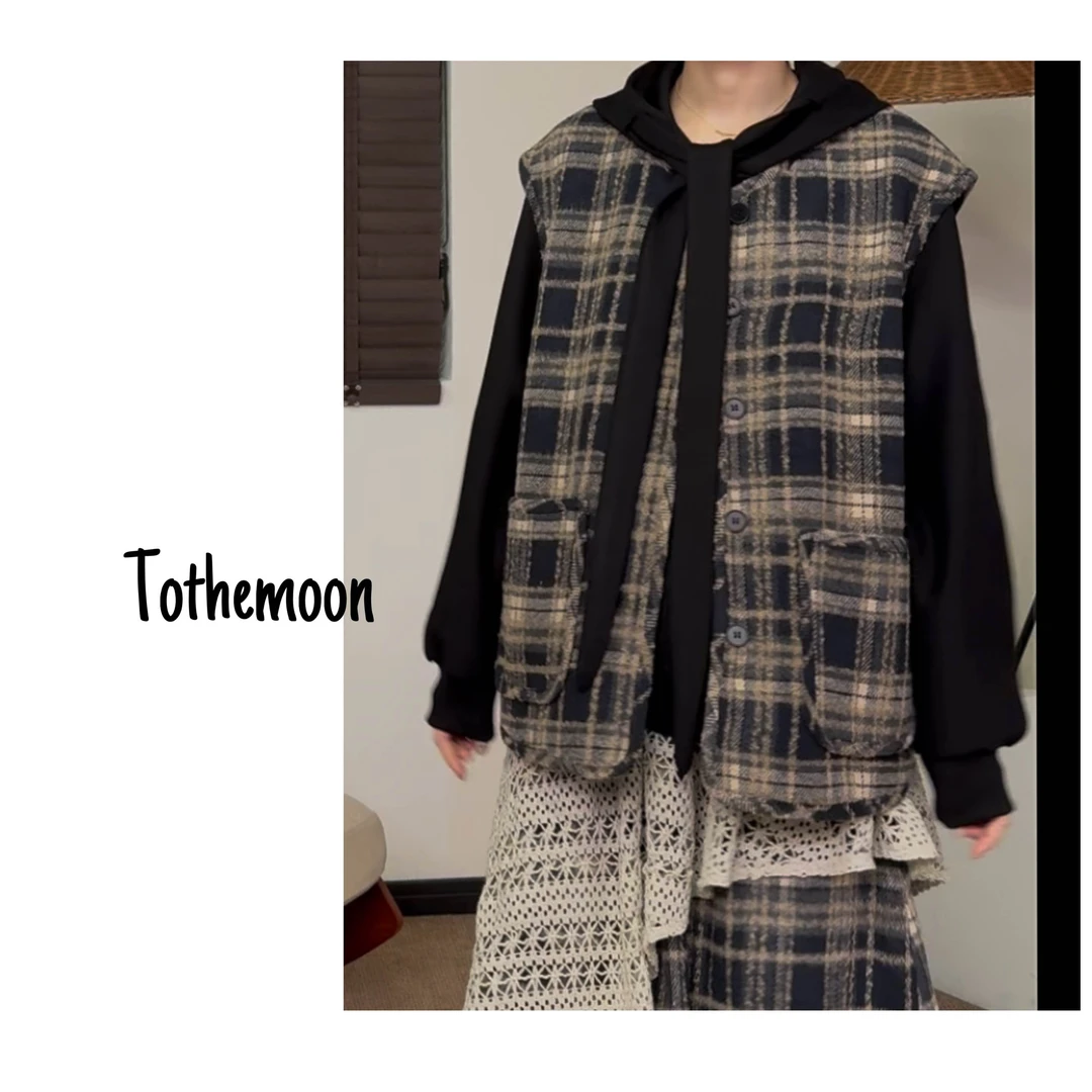 UpSd 原创【鲁鲁修】短款加绒加厚格子毛毛重工显瘦百搭马夹复古