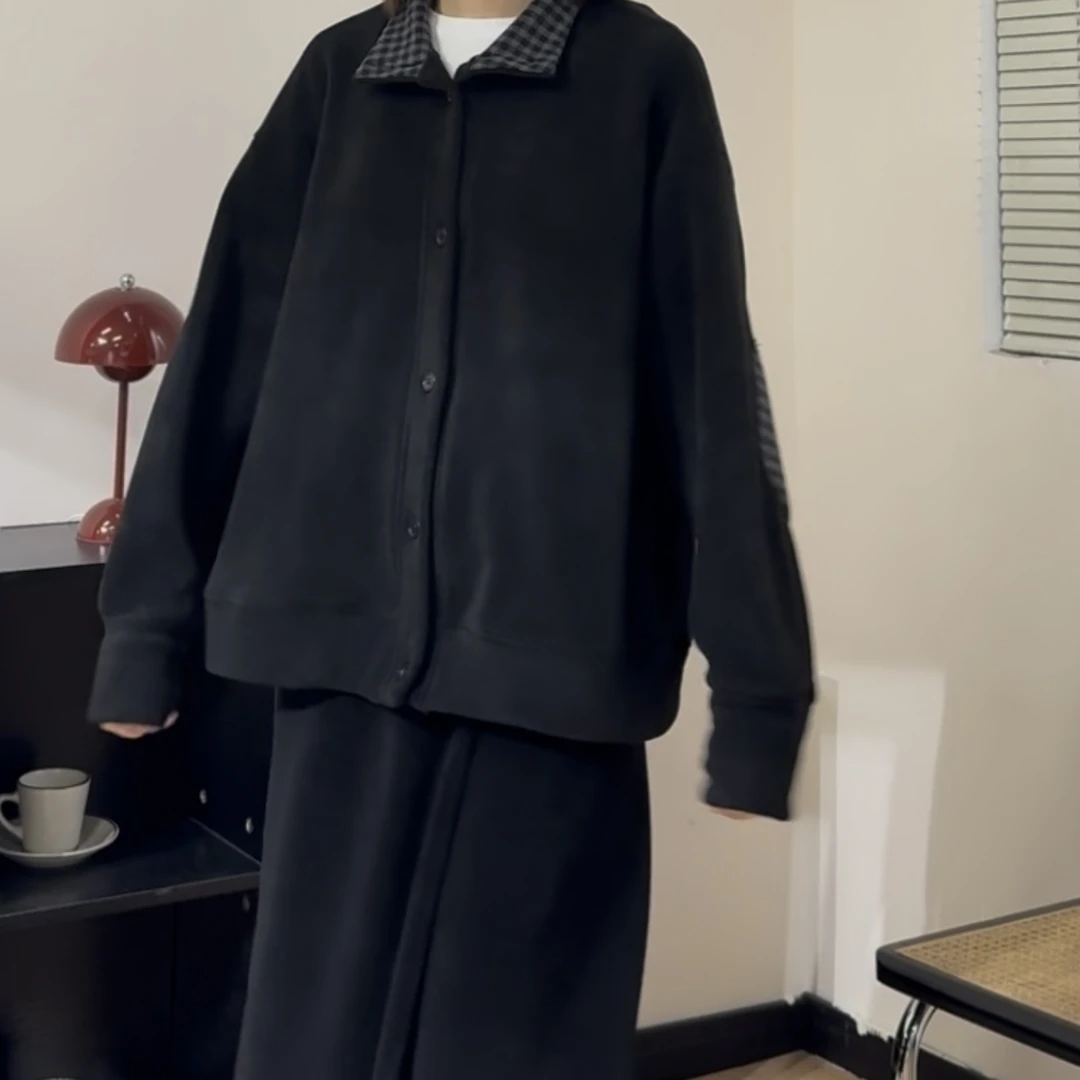 UpSd 原创【温热】翻领简约休闲加绒百搭立领宽松外套秋季卫衣拼接