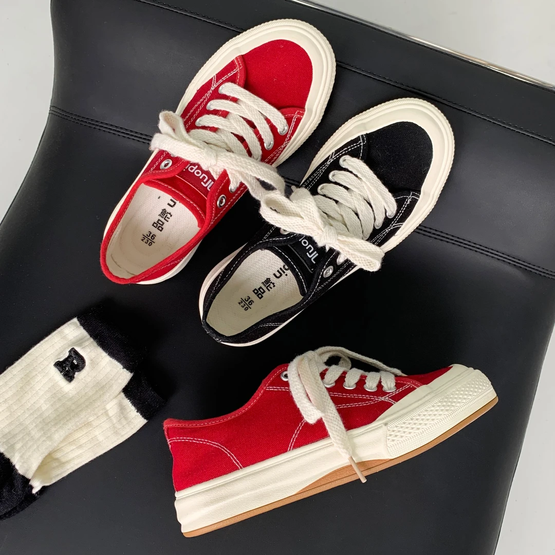鮀品龙年限定酒红帆布鞋复古风2024年春秋新款百搭休闲鞋板鞋小众