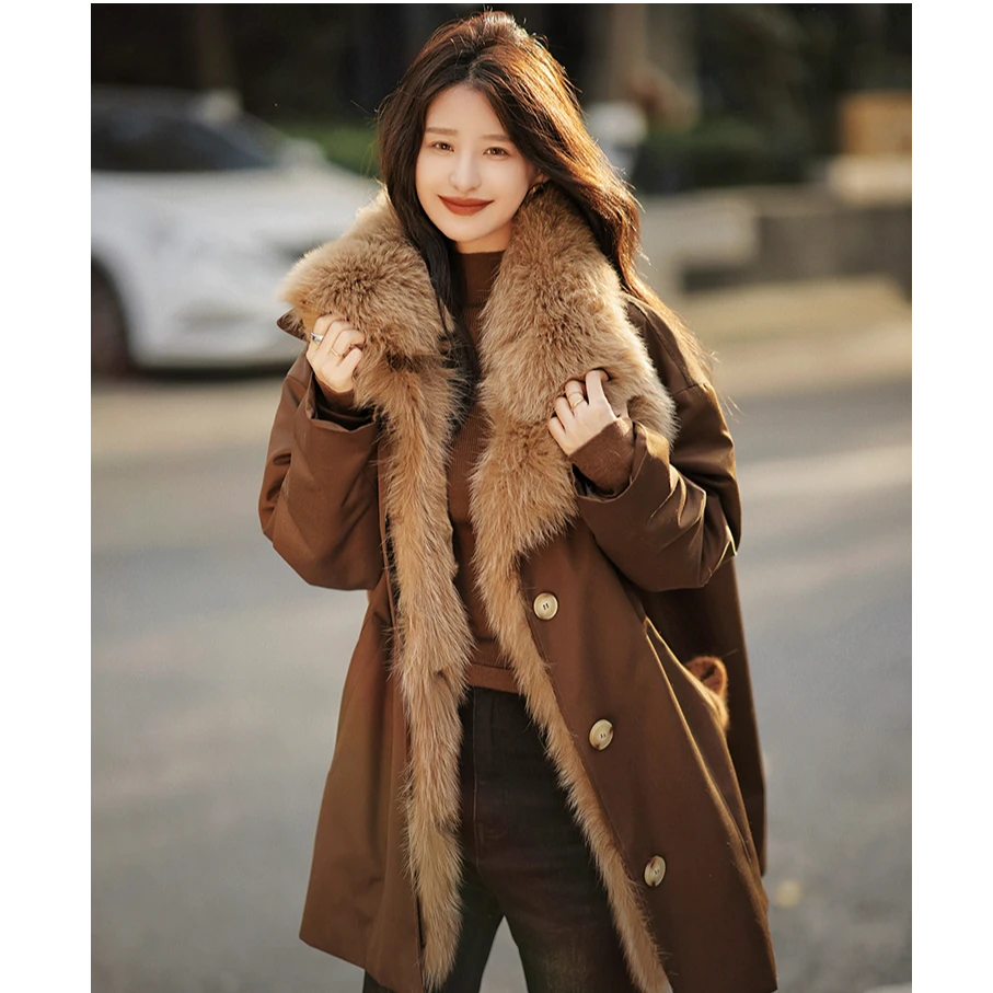 新款狐狸毛领可拆卸獭兔毛内胆皮草外套大衣冬季W3317