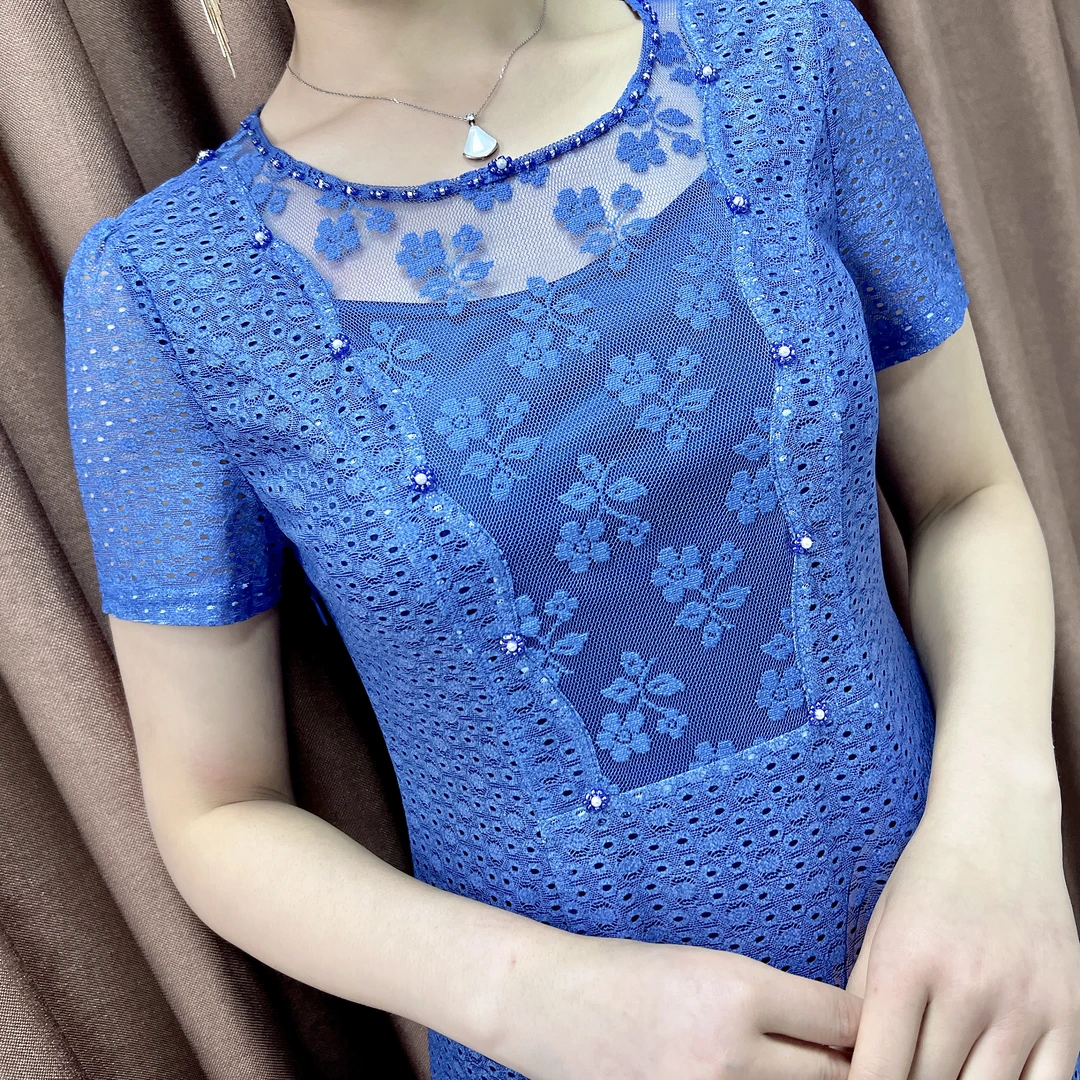 1019#气质优雅镂空蕾丝减龄显瘦女士妈妈装夏季连衣裙