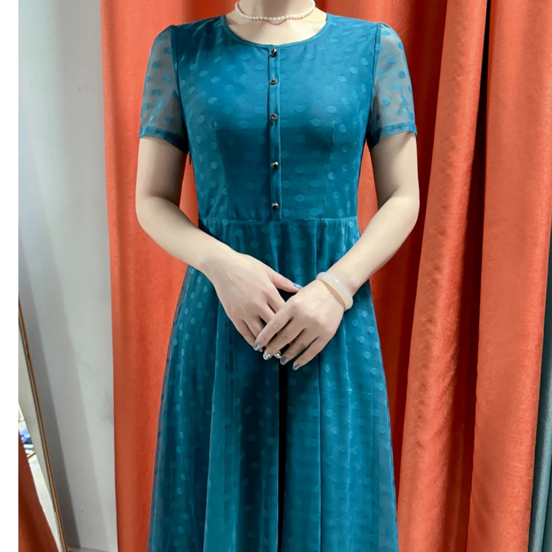 1039#夏季气质时尚优雅减龄波点圆领显瘦中长款半袖妈妈装连衣裙