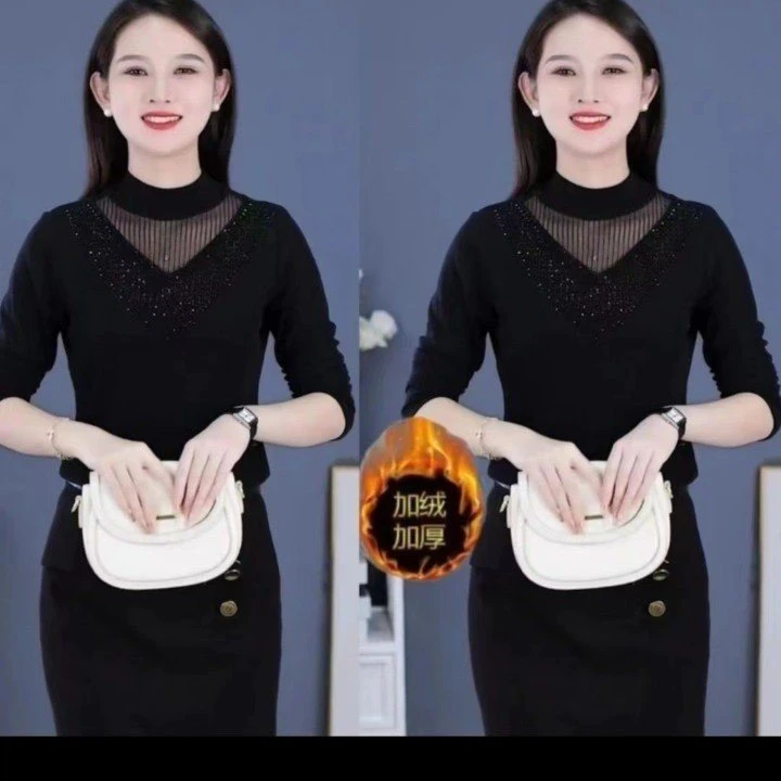 妈妈装洋气时尚修身显瘦打底衫黑色半高领百搭上衣气质纯色长袖女