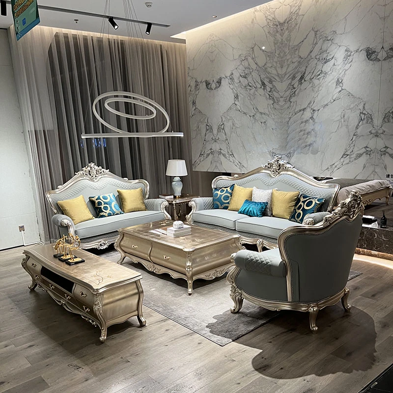 新款欧式真皮别墅组合沙发客厅法式轻奢高端奢华实木雕花金箔家具