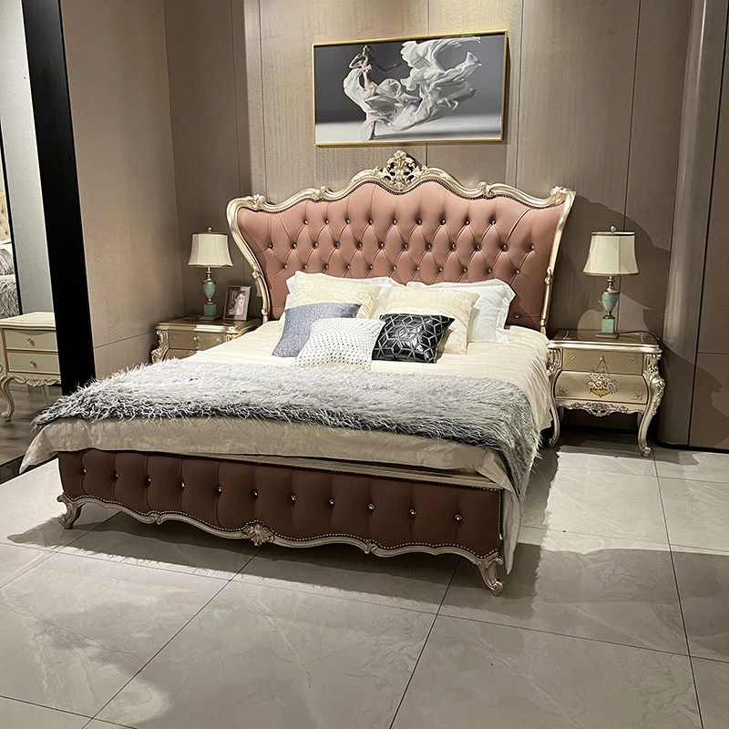 新款欧式实木真皮卧室主卧床高端奢华公主床法式宫廷复古雕刻婚床