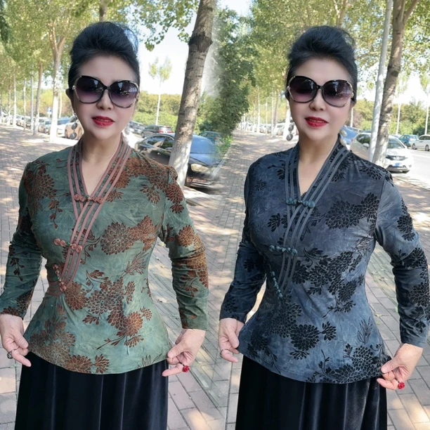 秋季新款植绒提花高弹力旗袍上衣