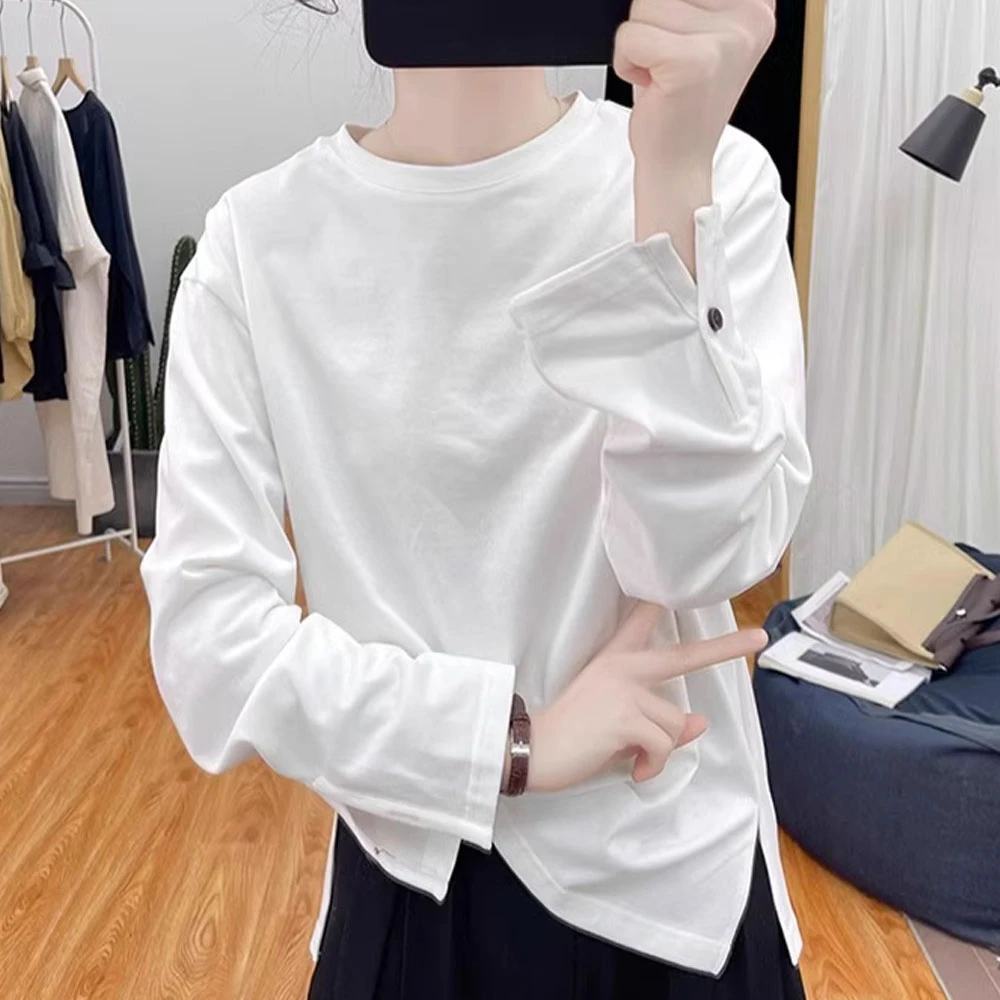 春秋新款复古圆领T恤纯色洋气韩版休闲简约显瘦长袖纯棉打底上衣