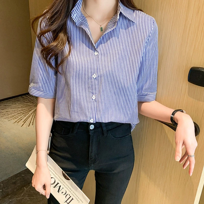 薄款蓝色竖条纹polo领衬衫女夏季新款宽松显瘦衬衣通勤中袖上衣潮