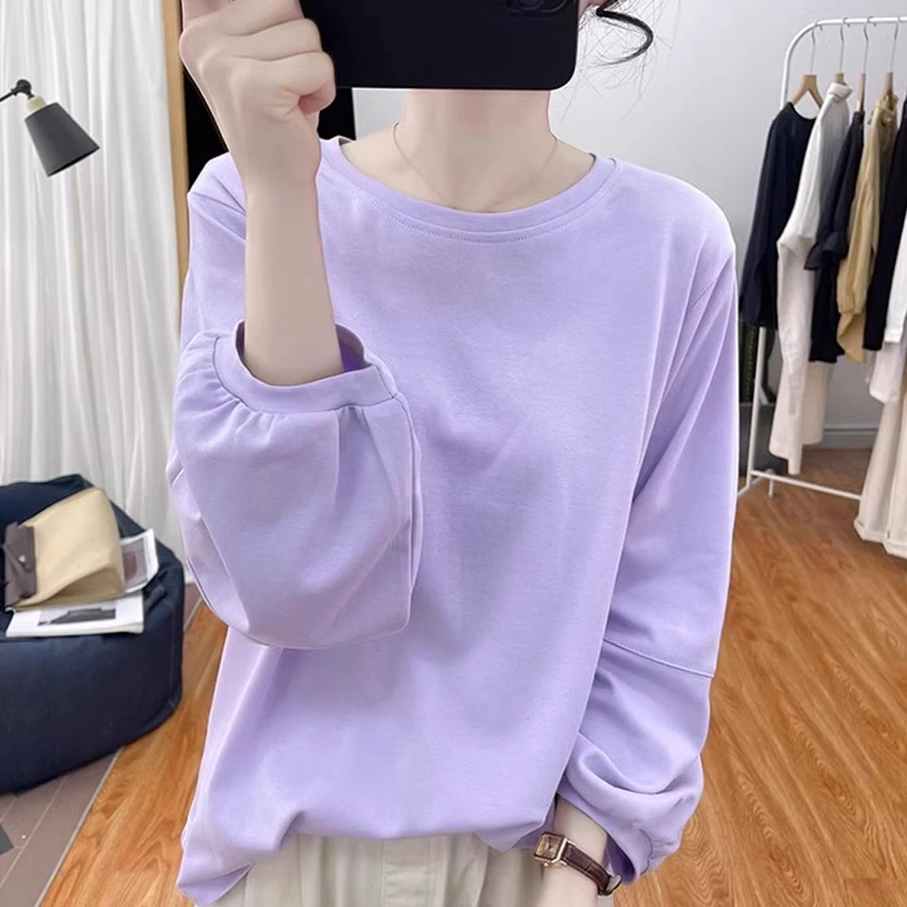 纯棉灯笼袖t恤女春秋新款宽松简约圆领九分袖小众设计感洋气上衣