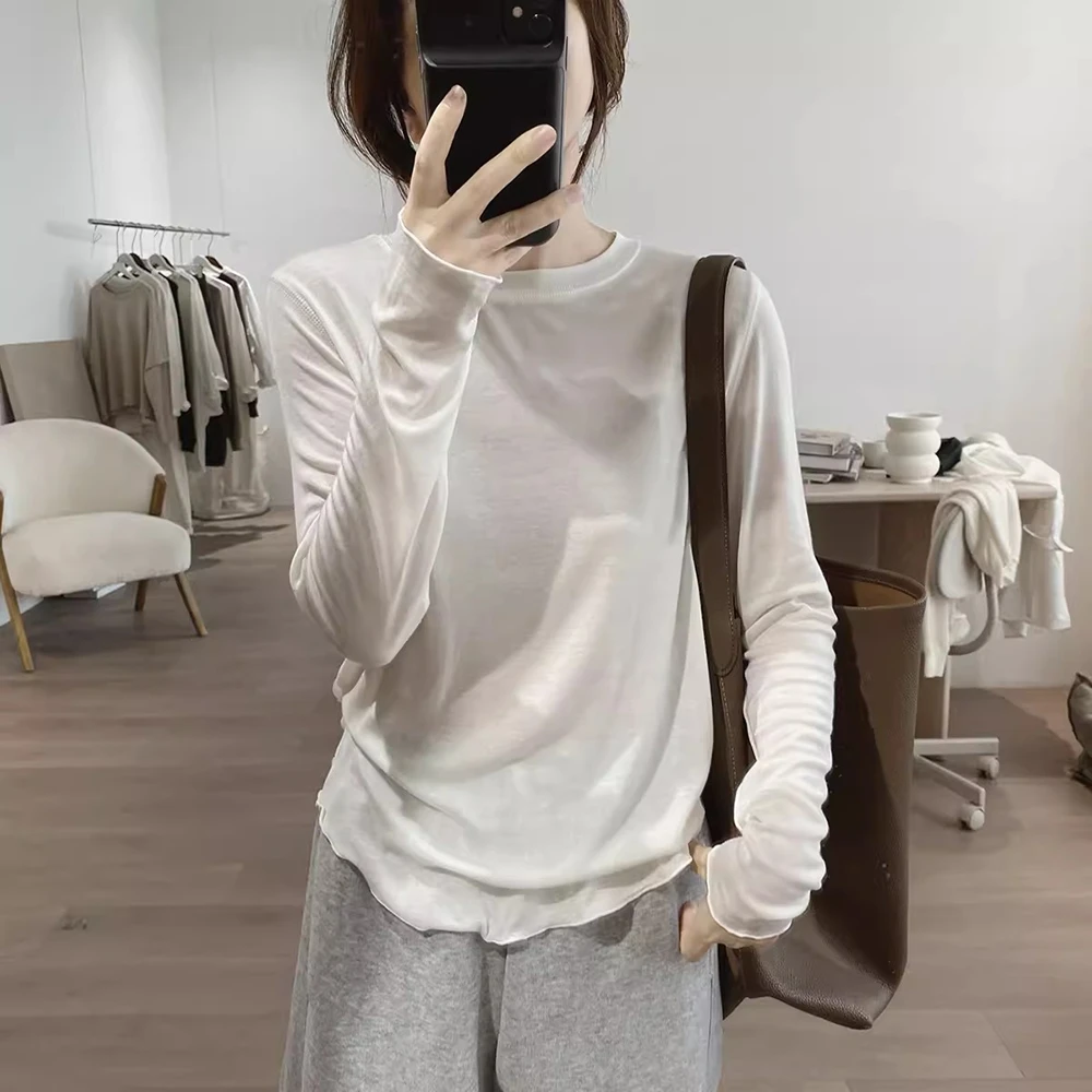 圆领t恤女秋季新款简约显瘦韩版基础款长袖绵羊毛上衣减龄打底衫