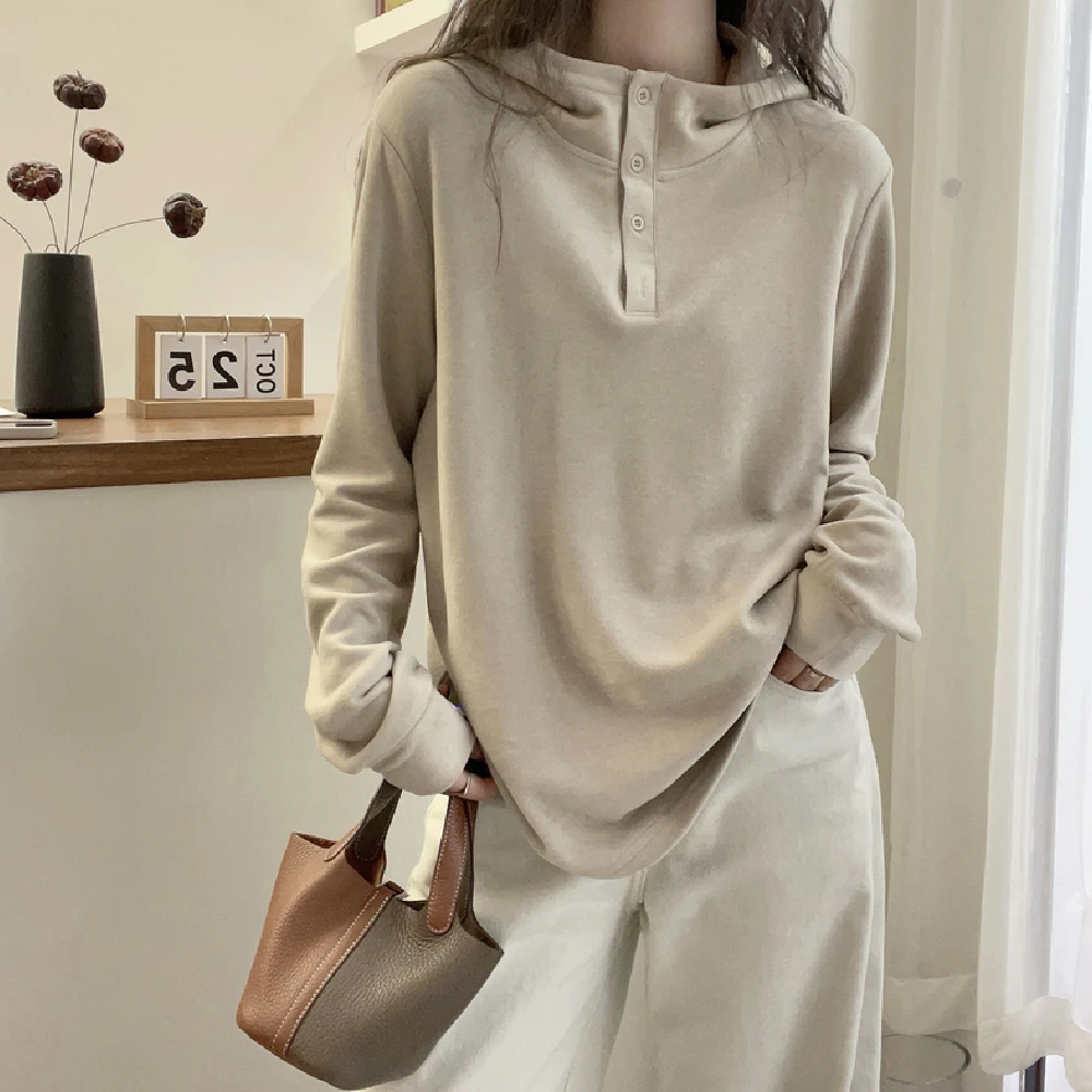 秋冬新款欧货简约纯色宽松连帽德绒套头长袖百搭保暖通勤卫衣潮流