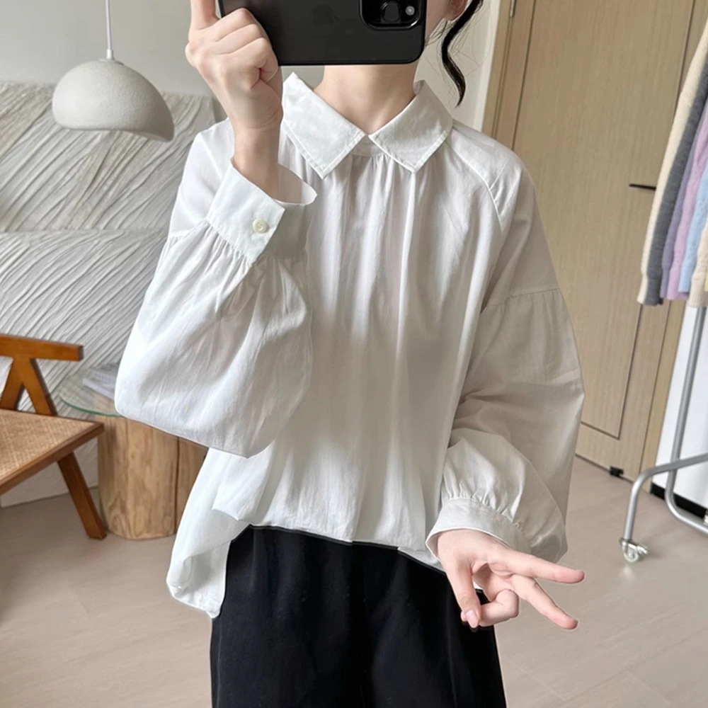 娃娃领灯笼袖长袖纯色衬衣女春秋新款宽松百搭上衣复古打底白衬衫