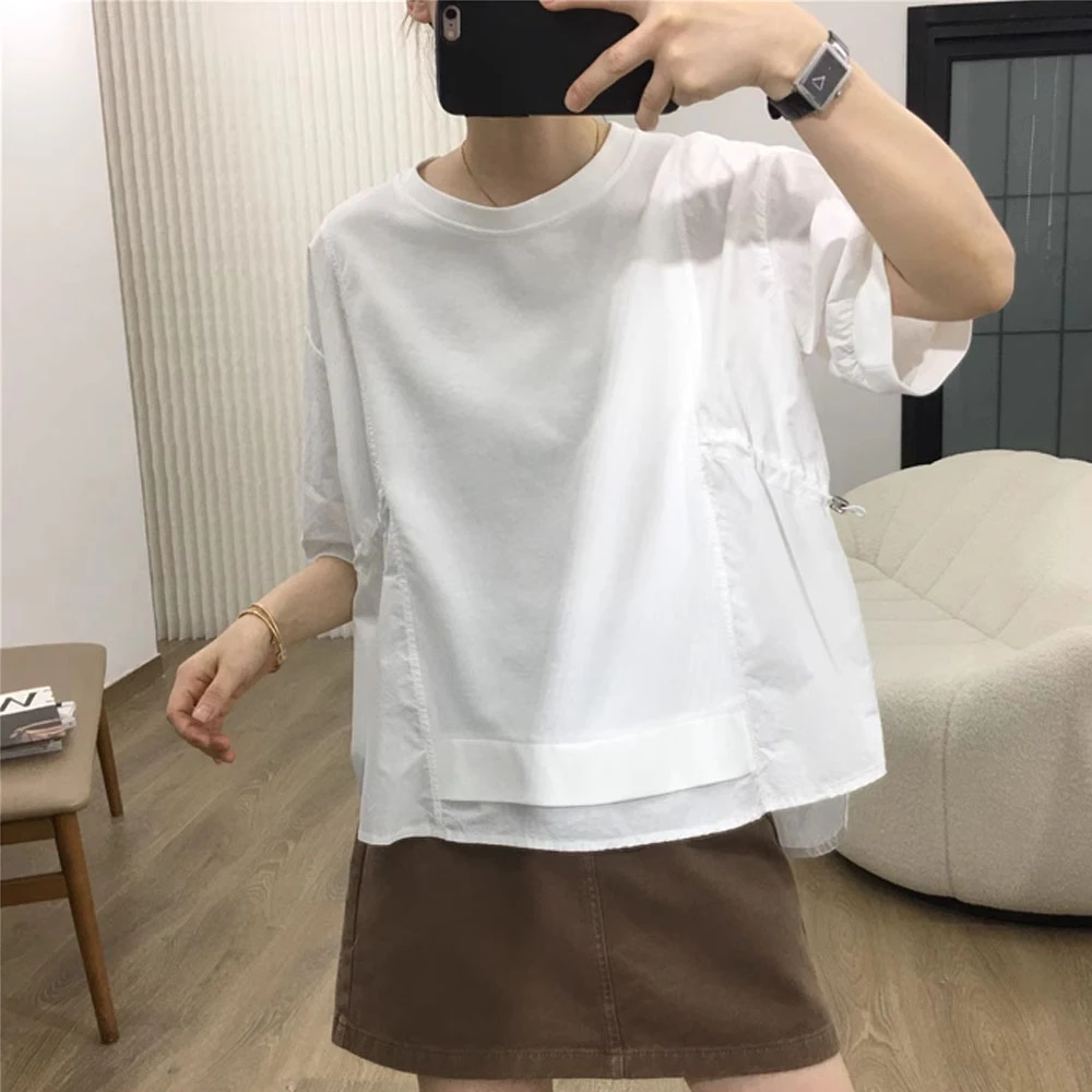棉质不规则设计感拼接短袖衬衫女夏季新款抽绳宽松显瘦圆领上衣T