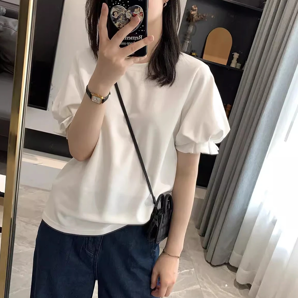法式白色短袖圆领t恤女夏季款设计感小众泡泡袖体恤别致纯棉上衣