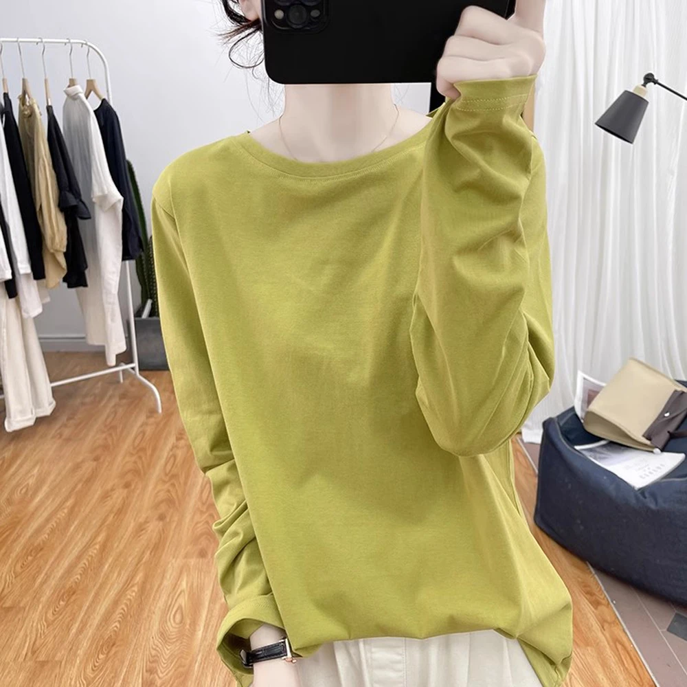 纯棉圆领长袖T恤女春秋宽松基础款上衣复古百搭打底衫纯色体恤衫
