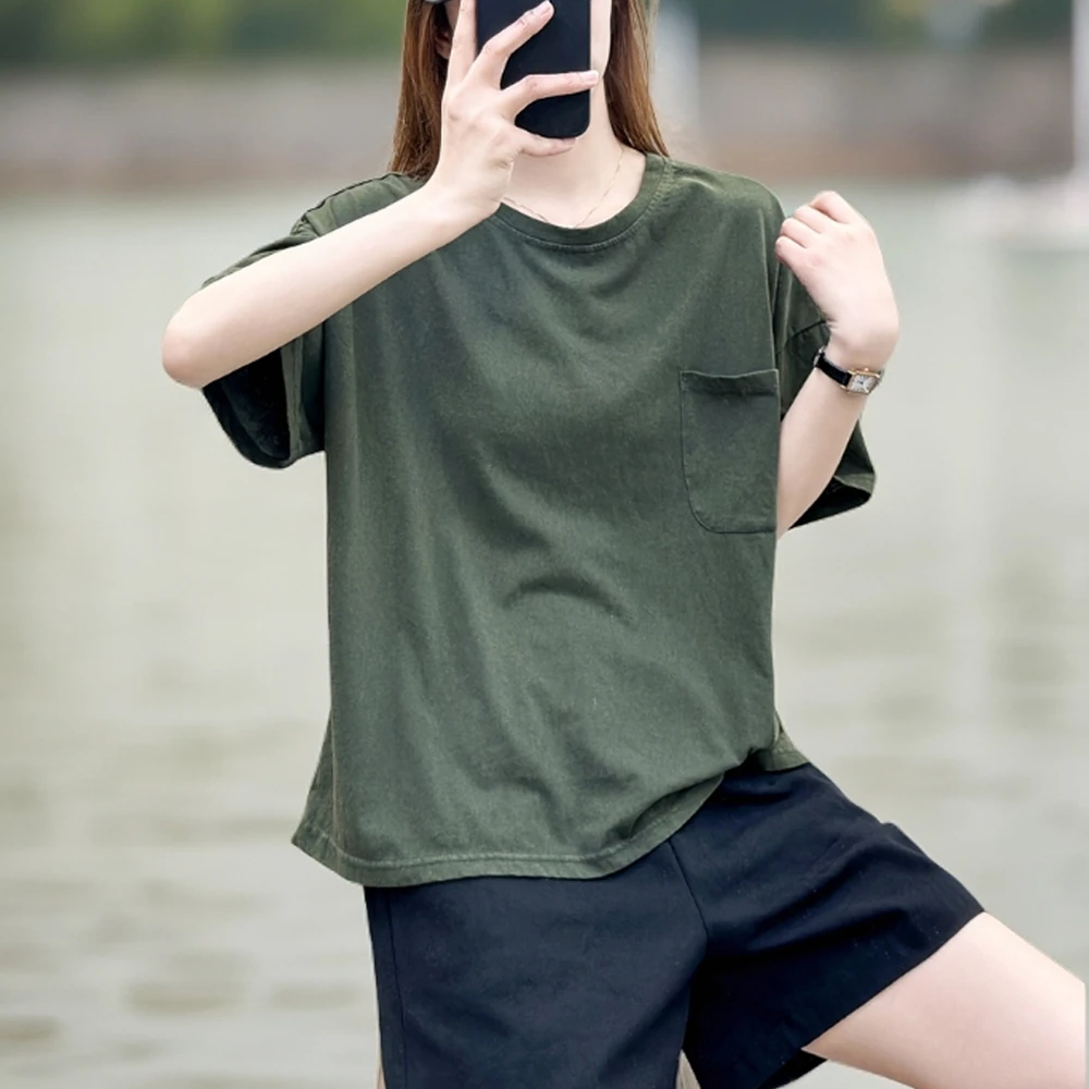 韩版宽松休闲纯色圆领短袖上衣夏装新款百搭显瘦舒适透气棉T恤女