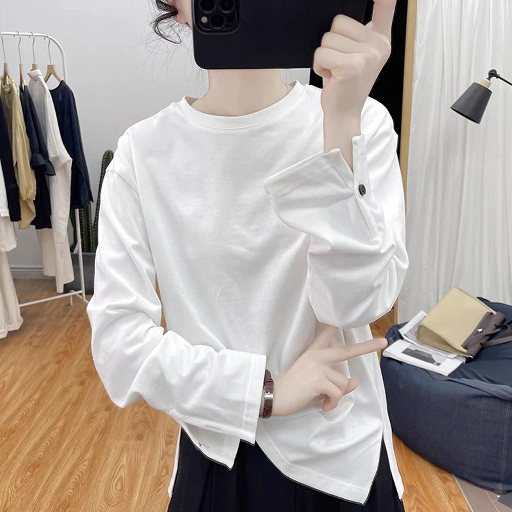 港风复古设计纯棉长袖T恤女袖子纽扣上衣2025秋装新款圆领打底衫