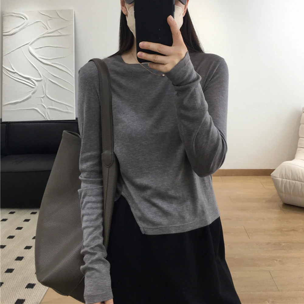 设计感开叉短款T恤女士春秋新款简约圆领长袖上衣棉质舒适打底衫
